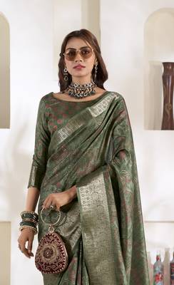 olive silk blend woven saree with unstitched blouse piece 2
