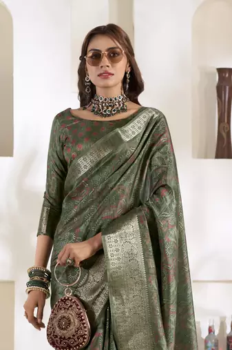 olive silk blend woven saree with unstitched blouse piece