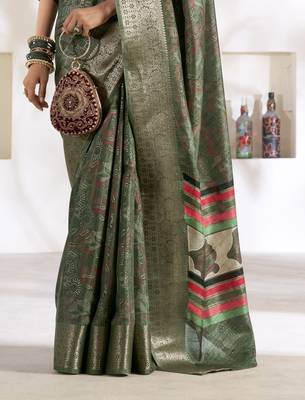 olive silk blend woven saree with unstitched blouse piece 3