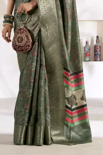 olive silk blend woven saree with unstitched blouse piece
