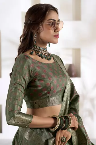 olive silk blend woven saree with unstitched blouse piece