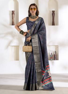 navy blue silk blend woven saree with unstitched blouse piece 1