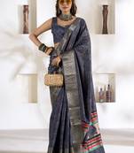 navy blue silk blend woven saree with unstitched blouse piece