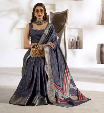 navy blue silk blend woven saree with unstitched blouse piece 2