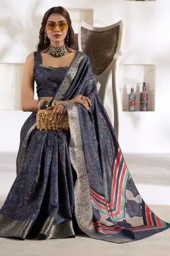 navy blue silk blend woven saree with unstitched blouse piece