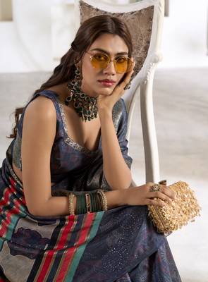 navy blue silk blend woven saree with unstitched blouse piece 3