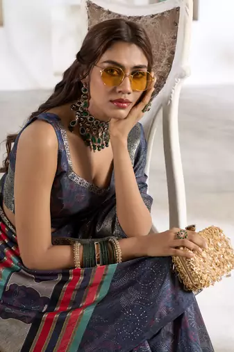navy blue silk blend woven saree with unstitched blouse piece