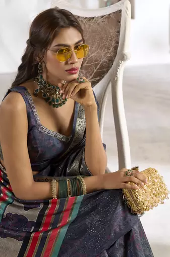 navy blue silk blend woven saree with unstitched blouse piece
