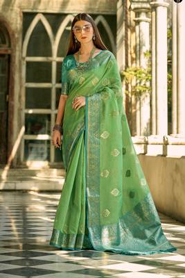 parrot green tissue silk blend woven saree with unstitched blouse piece 1