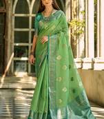parrot green tissue silk woven saree with unstitched blouse piece