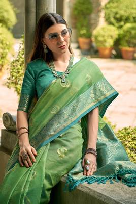 parrot green tissue silk blend woven saree with unstitched blouse piece 2