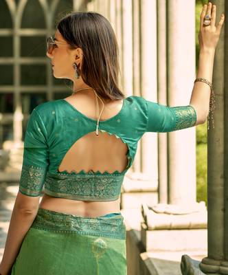 parrot green tissue silk blend woven saree with unstitched blouse piece 4