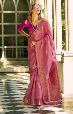 pink tissue silk blend woven saree with unstitched blouse piece 1