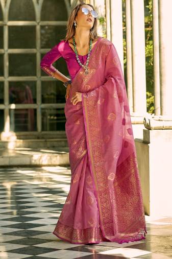 pink tissue silk woven saree with unstitched blouse piece
