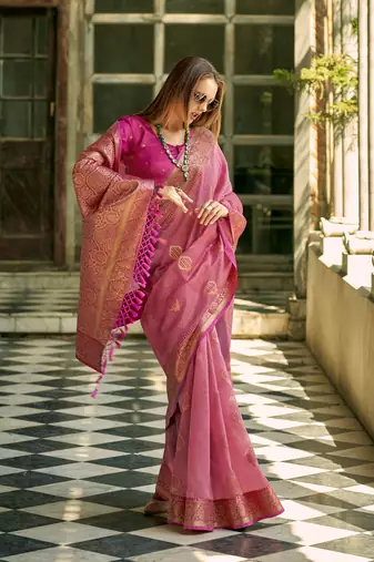 pink tissue silk blend woven saree with unstitched blouse piece