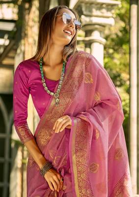 pink tissue silk blend woven saree with unstitched blouse piece 3