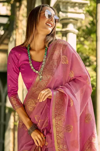 pink tissue silk blend woven saree with unstitched blouse piece