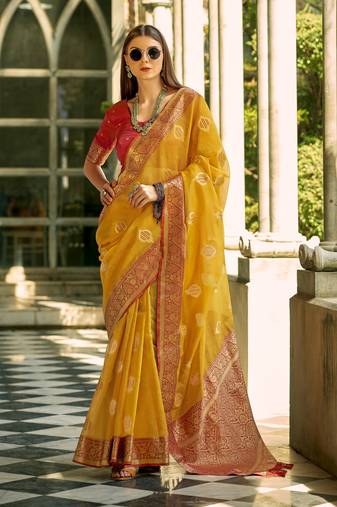 mastard tissue silk woven saree with unstitched blouse piece