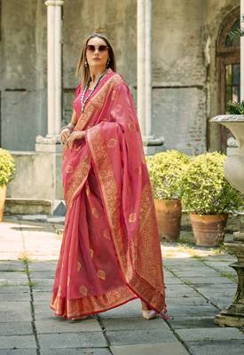 peach tissue silk blend woven saree with unstitched blouse piece 1