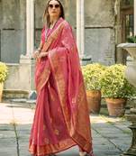 peach tissue silk woven saree with unstitched blouse piece