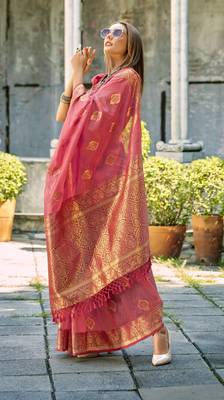 peach tissue silk blend woven saree with unstitched blouse piece 2
