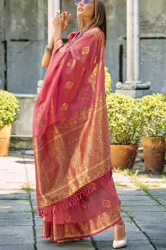 peach tissue silk woven saree with unstitched blouse piece
