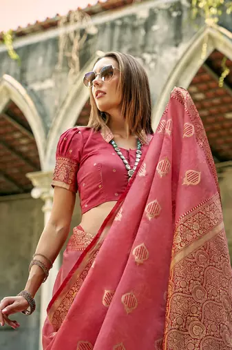peach tissue silk woven saree with unstitched blouse piece