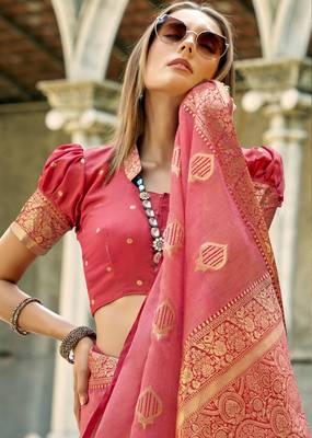 peach tissue silk blend woven saree with unstitched blouse piece 4