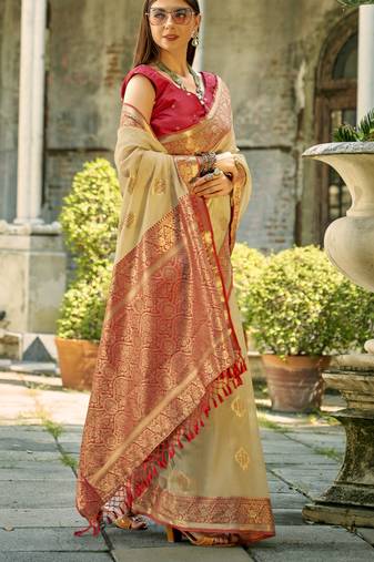 cream tissue silk woven saree with unstitched blouse piece
