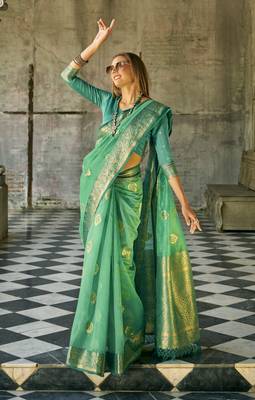 turquoise tissue silk blend woven saree with unstitched blouse piece 1
