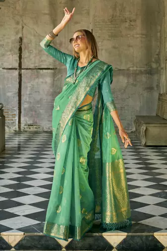 turquoise tissue silk woven saree with unstitched blouse piece