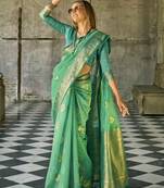 turquoise tissue silk woven saree with unstitched blouse piece