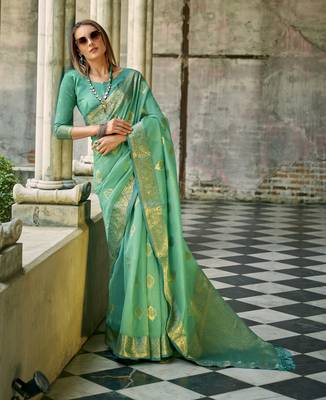turquoise tissue silk blend woven saree with unstitched blouse piece 2