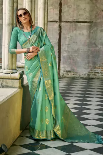 turquoise tissue silk woven saree with unstitched blouse piece