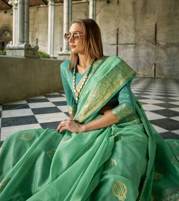 turquoise tissue silk blend woven saree with unstitched blouse piece 3
