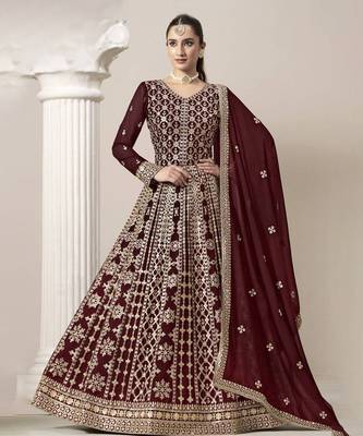 Maroon embroidery faux georgette anarkali suit 1