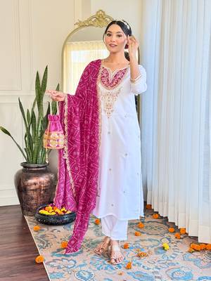 Women's Embroidered Viscose Straight Kurta Pant and Dupatta Set 3