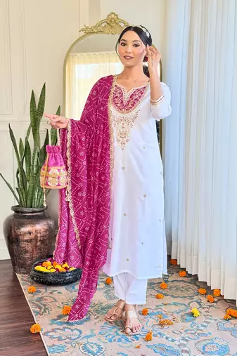 Women's Embroidered Viscose Straight Kurta Pant and Dupatta Set