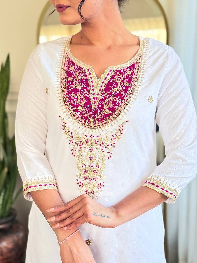 Women's Embroidered Viscose Fabric Straight Kurta, Pant and Dupatta Set