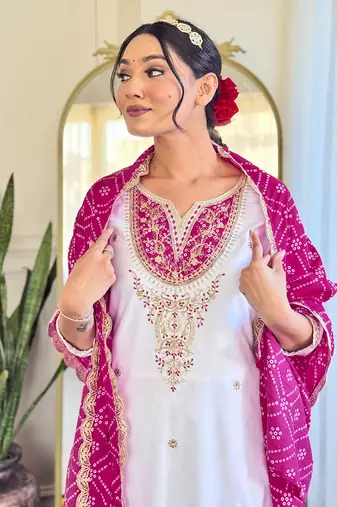Women's Embroidered Viscose Straight Kurta Pant and Dupatta Set