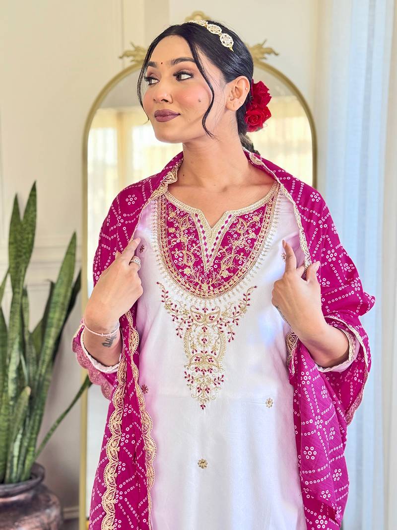 Women's Embroidered Viscose Fabric Straight Kurta, Pant and Dupatta Set