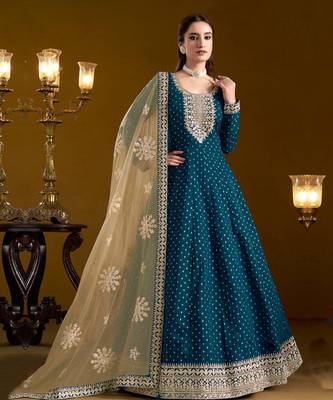 Teal blue embroidery chanderi butti anarkali suit 1