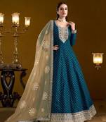 Teal blue embroidery chanderi butti anarkali suit