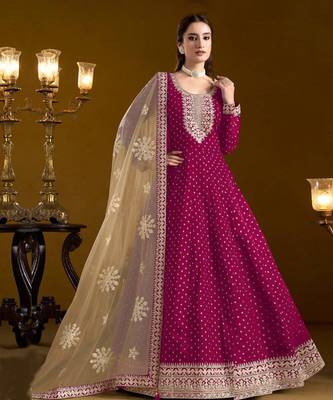 Rani pink embroidery chanderi butti anarkali suit 1