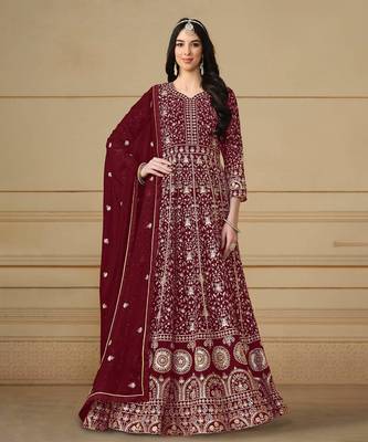 Red embroidery faux georgette anarkali suit 1