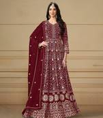 Red embroidery faux georgette anarkali suit