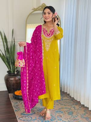 Yellow Embroidered Viscose Straight Kurta set 1