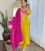 Yellow Embroidered Viscose Straight Kurta set