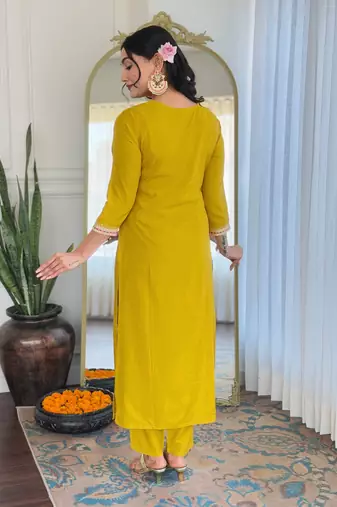 Yellow Embroidered Viscose Straight Kurta set