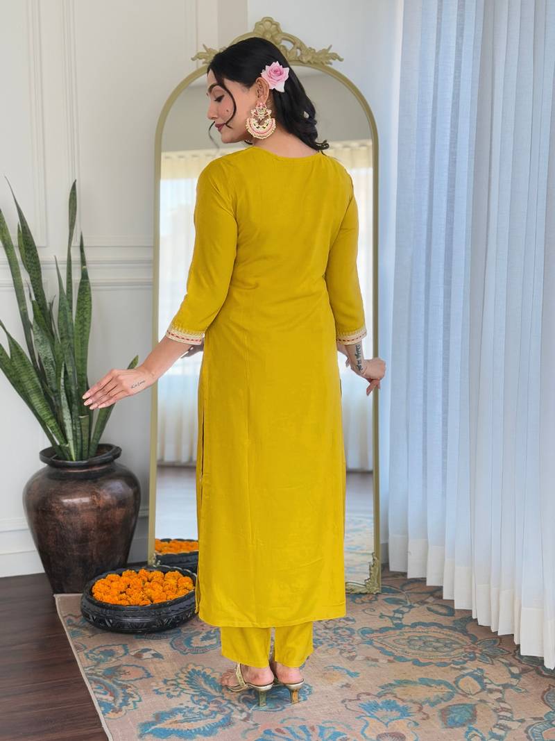 Yellow Embroidered Viscose Straight Kurta set